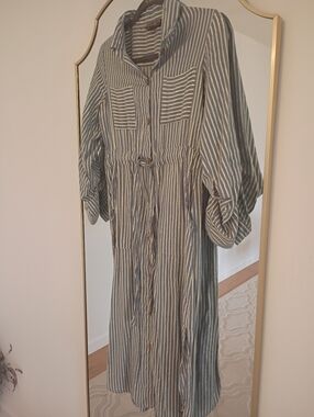 Striped Button-Front Shirt Dress in Blue and Gold